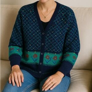 Tulchan Pure New Wool Cardigan Navy Blue Floral Pattern Button Front Women's L